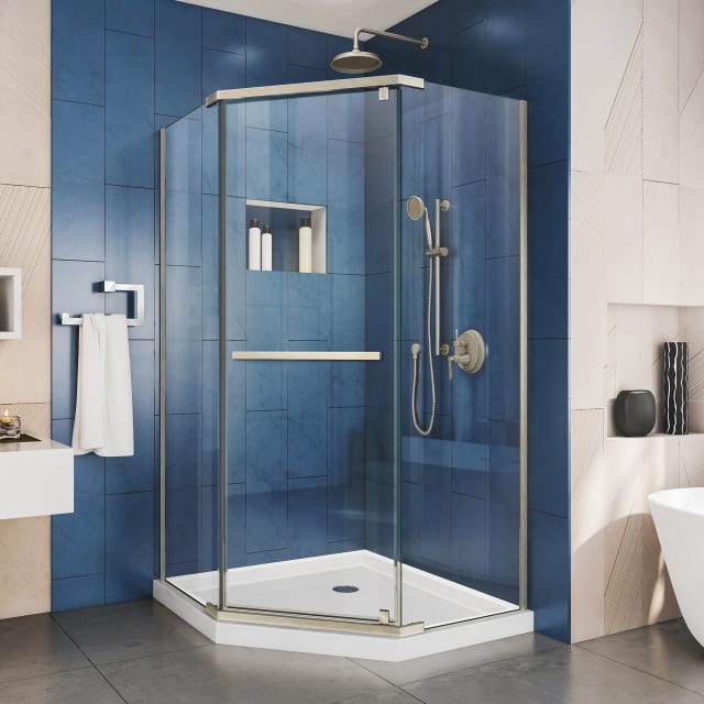 DreamLine Prism 36 inch D x 36 inch W x 74 3/4 inch H Frameless Neo-Angle Pivot Shower Enclosure in Brushed Nickel with White Shower Base Kit