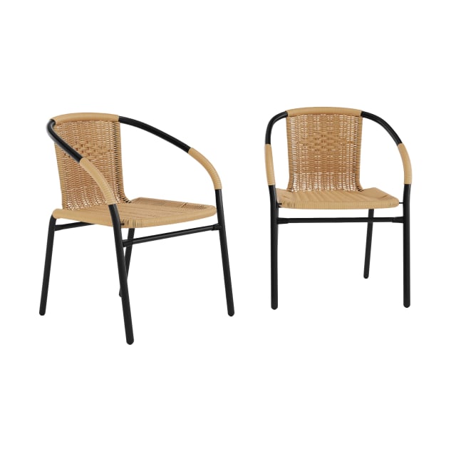 Lila Set of 2 Commercial Grade Beige Rattan Indoor-Outdoor Restaurant Stack Chairs