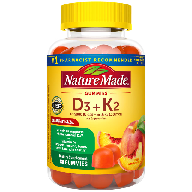 Nature Made Vitamin D3 K2 Gummies, Vitamin D 5000 IU per Serving, Peach Flavor, 80 Count