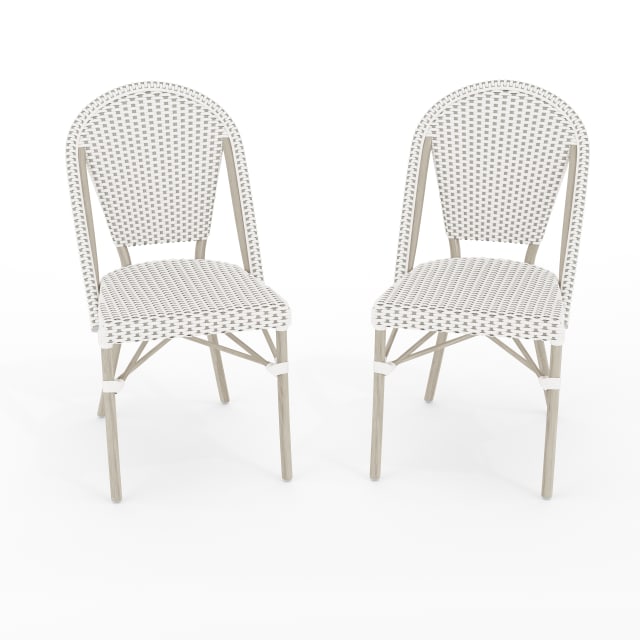 Lily Pond Set of 2 Indoor-Outdoor Stackable Bistro Chairs with Gray Woodgrain Aluminum Finish Frames and White/Gray Woven Rattan Backs/Seats