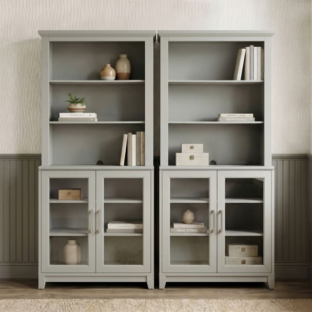 Bedford Set of 2 Modular Shaker Cabinets and 2 Hutch Set, Brushed Stainless Steel Hardware, Open Top Shelves, Soft-Close Glass Doors, Bedford Gray