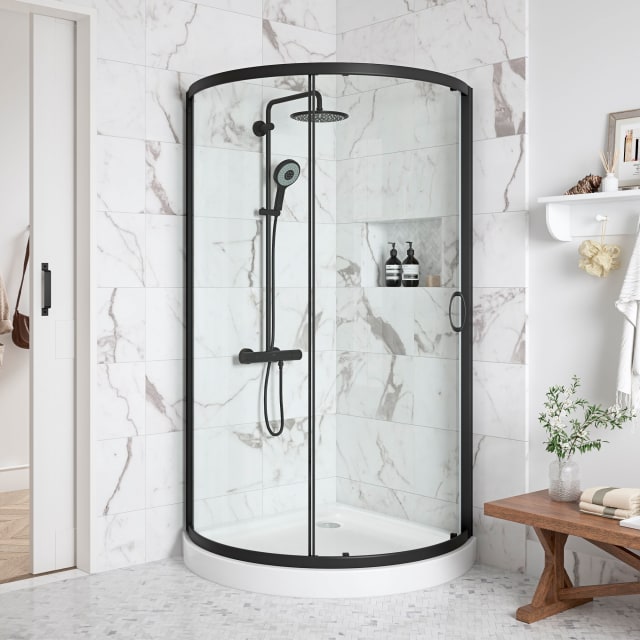 Breeze 44 in. L x 44 in. W x 77 in. H Round Corner Shower Kit Clear Sliding Door and Shower Base Pan (Walls not Included)