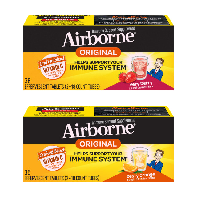 Vitamin C 1000mg - Airborne Effervescent Tablet Bundle, Very Berry Tablets (36 count in a box) &amp; Zesty Orange Tablets (36 count in a box), Gluten-Free Immune Support Supplement, High In Antioxidants
