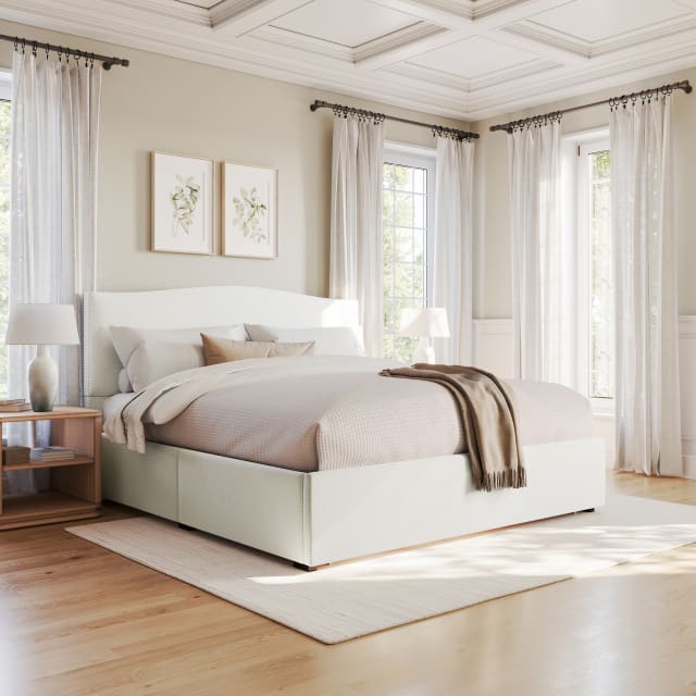 Nyla King Upholstered Platform Bed with Curved Nailhead Headboard and Footboard Storage Drawer, Wood Slat Foundation, No Box Spring Needed, Off-White