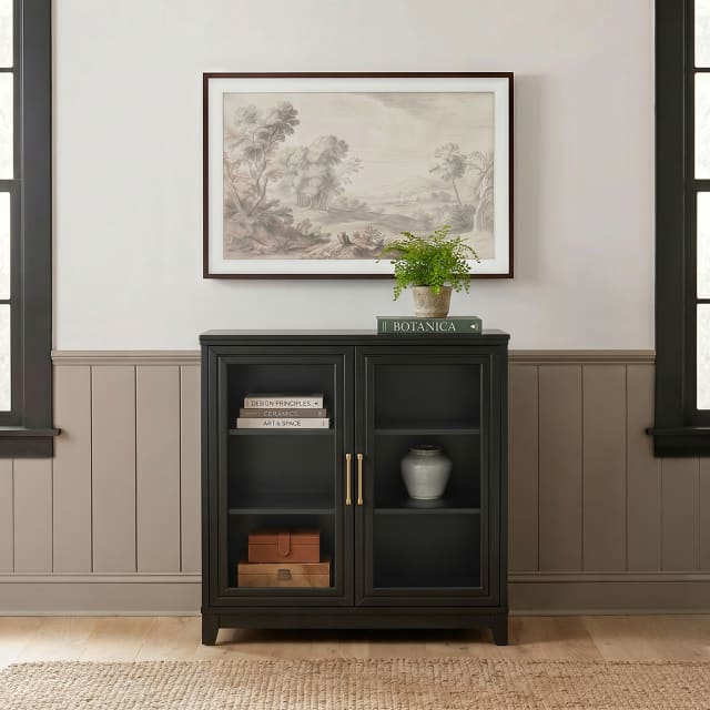 Bedford Fluted Modular Storage Cabinet, Glass Soft-Close Doors with Gold Hardware, Adjustable Shelf, Solid Wood Frame/Legs, Black