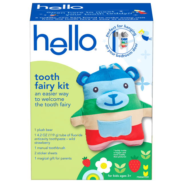 hello Tooth Fairy Kit with Tooth Fairy Door Hanger and Tooth Teddy Bear, Includes Full Size Fluoride Kids Strawberry Toothpaste and Kids Toothbrush, For Children Ages 3 and Up