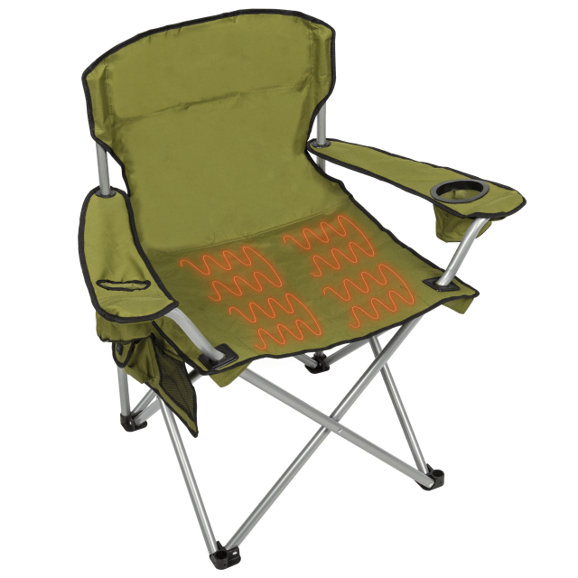 Camp & Go Heavy-Duty Heated Quad Outdoor Camping Chair, Folding Heated Chair with 18" USB Cable, Storage Compartment, and Cup Holder, Moss