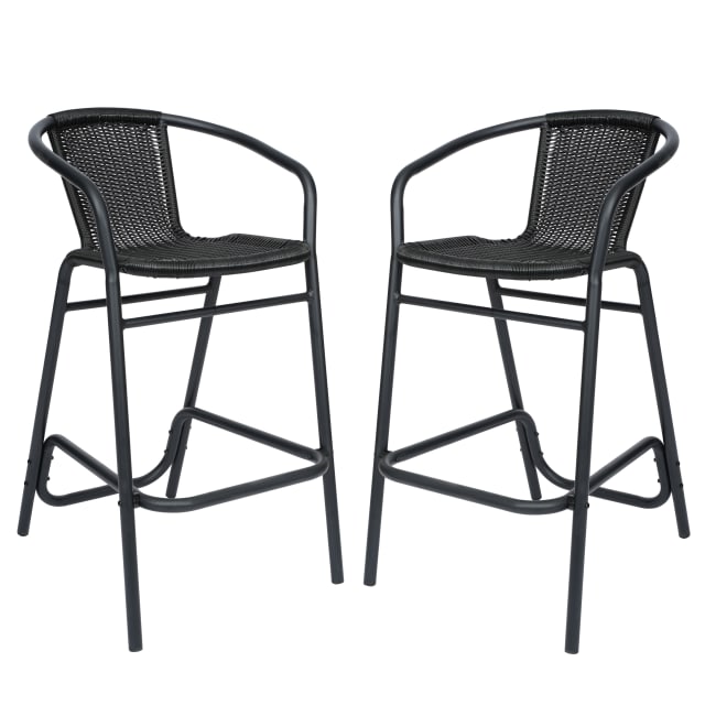 Lila Set of 2 Commercial Grade Indoor-Outdoor PE Rattan Restaurant Barstool with Black Aluminum Frame and Footrest in Black