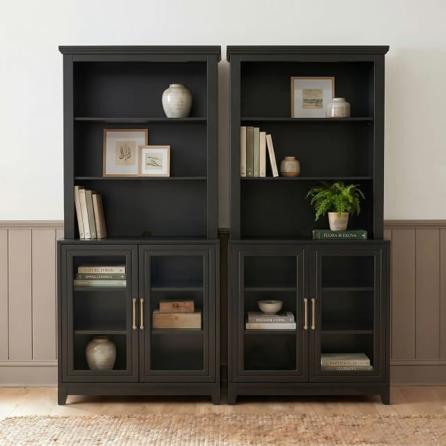 Bedford Fluted Set of 2 Modular Cabinets and 2 Hutch Set, Gold Hardware, Open Top Shelves, Soft-Close Glass Doors, Black