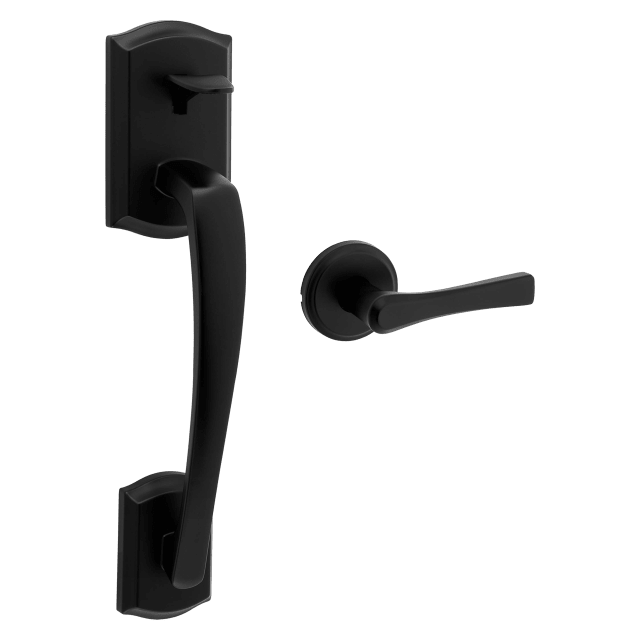 Prescott Single Cylinder Handleset with Katella Round Rose Lever featuring SmartKey Security™ Security in Matte Black