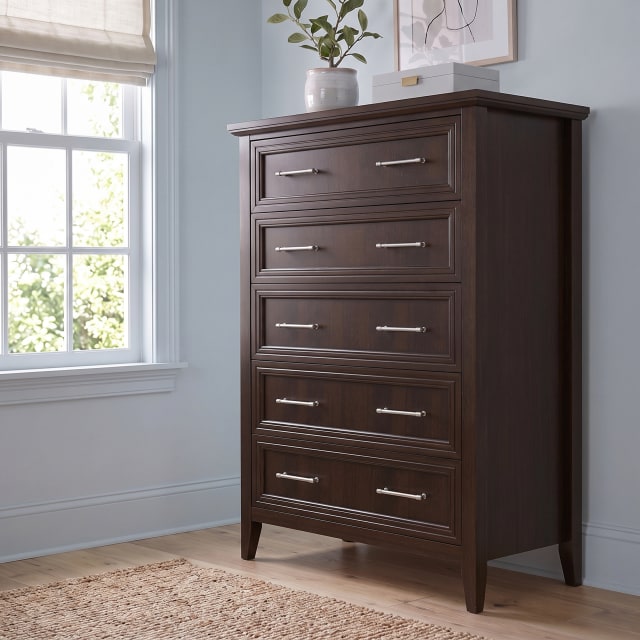 Bedford Shaker 5-Drawer Chest with Premium Hardware and Solid Wood Frame, Walnut Woodgrain
