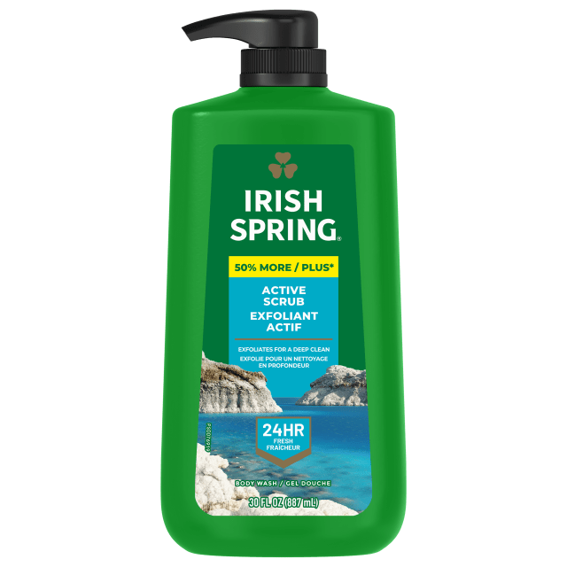 Irish Spring Active Scrub Exfoliating Body Wash for Men, 24-Hour Fresh, Face and Body Wash, Menβs Body Wash, Biodegradable Ingredients, Paraben Free, Cool Fresh Scent, 887 mL Pump Bottle