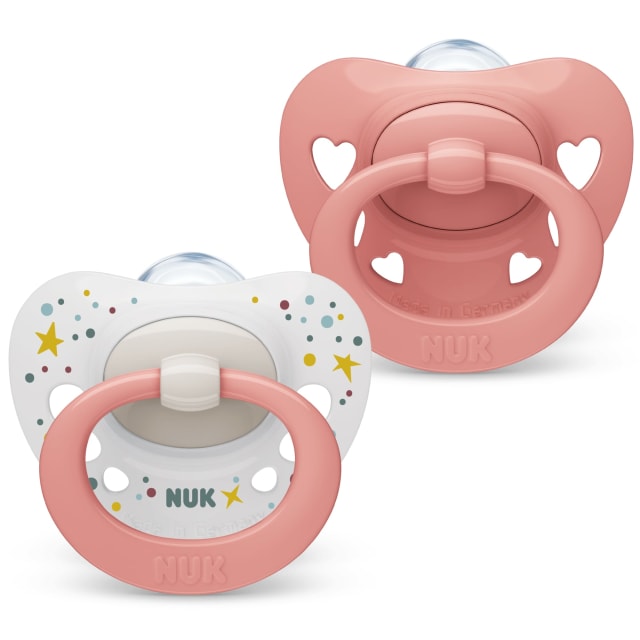NUK Signature Baby Dummy | 0-6 months | Soothes 95% of Babies | Heart-Shaped BPA-Free Silicone Soothers | Includes Case | Pink Hearts | 2 Count