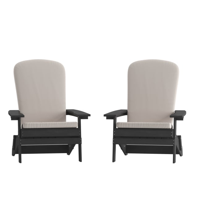 Charlestown Set of 2 All-Weather Poly Resin Indoor/Outdoor Folding Adirondack Chairs in Black with Cream Cushions for Deck, Porch, and Patio