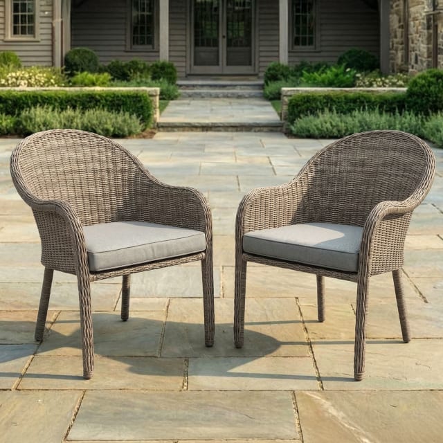 Lily Pond Set of 2 Indoor-Outdoor Stackable Patio Dining Armchairs in Weathered Gray Rattan Wicker with Gray All-Weather Seat Cushions