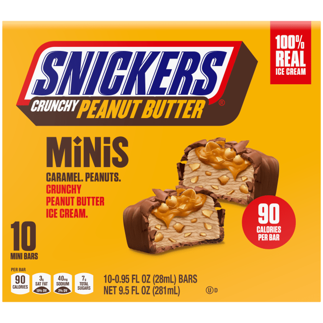 SNICKERS Ice Cream Minis, Milk Chocolatey, Caramel and Crunchy Peanut Butter Ice Cream Bars, 10 Pack, 9.5 Oz