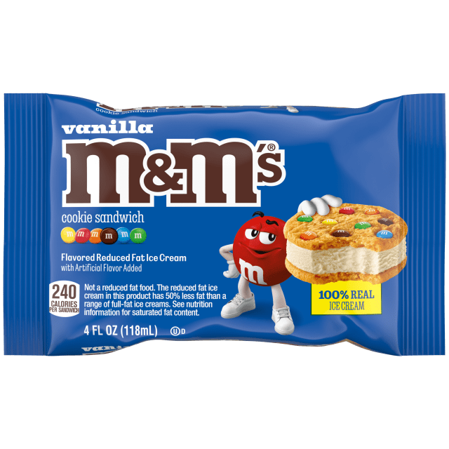 M&amp;M'S Vanilla Ice Cream Cookie Sandwich, Reduced Fat Vanilla Ice Cream Dessert Cookie Sandwich, 4 Oz