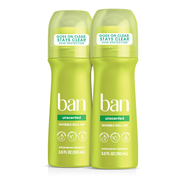 Ban Invisible Roll-On Antiperspirant Deodorant, Unscented, 3.5 oz, 2pk