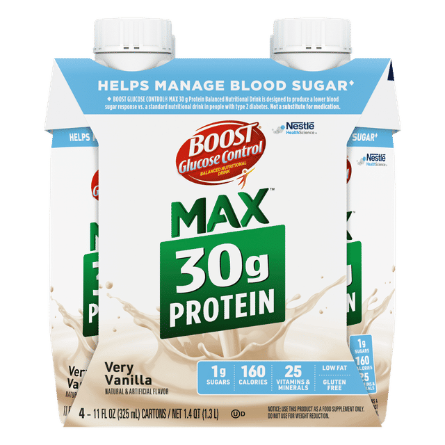 BOOST Glucose Control Max 30g High in Protein Nutritional Drink Shakes, Very Vanilla, 11 fl oz, 4 Pack