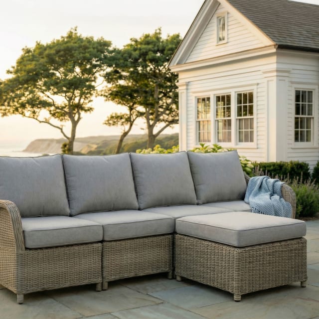 Lily Pond Indoor-Outdoor Modular 4 Seat Patio Sofa with Ottoman in Weathered Gray Rattan Wicker with Gray All-Weather Cushions