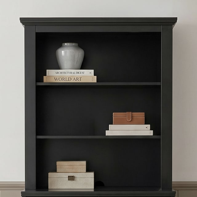 Bedford Fluted Modular Wooden Hutch with 2 Fixed Storage Shelves, Solid Wood Frame and Rear Cable Management Opening, Black