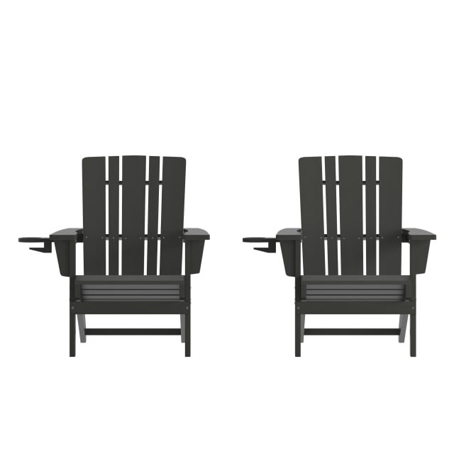 Halifax Adirondack Chair with Cup Holder, Weather Resistant HDPE Adirondack Chair in Black, Set of 2