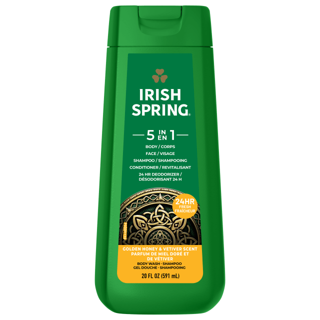 Gel douche hydratant 5 en 1 Irish Spring pour homme, shampooing, après-shampooing, nettoyant corps et visage et désodorisant 24 heures, sans parabène, parfum miel doré et vétiver, 591 ml