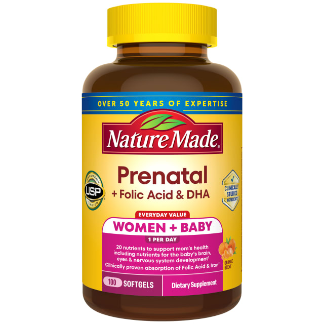 Nature Made Prenatal with Folic Acid + DHA, Dietary Supplement for Daily Nutritional Support, 100 Softgels, 100 Day Supply
