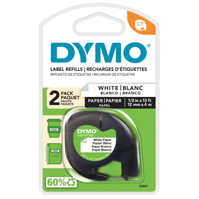 DYMO® LT Paper Labels for LetraTag label makers, Black Print on White Labels, 1/2-Inch x 13-Feet, 2 Rolls