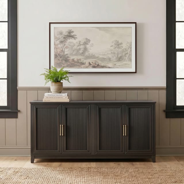 Bedford Fluted Modular 4 Door TV Stand for up to 75" TV with Adjustable Shelves and Soft-Close Doors with Gold Hardware, Solid Wood Frame/Legs, Black