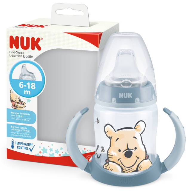 NUK First Choice Learner Cup Sippy Cup | 6-18 Months | Temperature Control | Leak-Proof Silicone Spout | Anti-Colic Vent | BPA-Free | 150ml | Disney Winnie the Pooh (Blue)