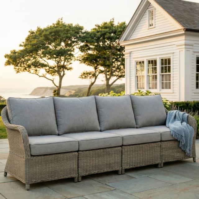 Lily Pond Indoor-Outdoor 4 Seat Modular Patio Sofa in Weathered Gray Rattan Wicker with Gray All-Weather Cushions