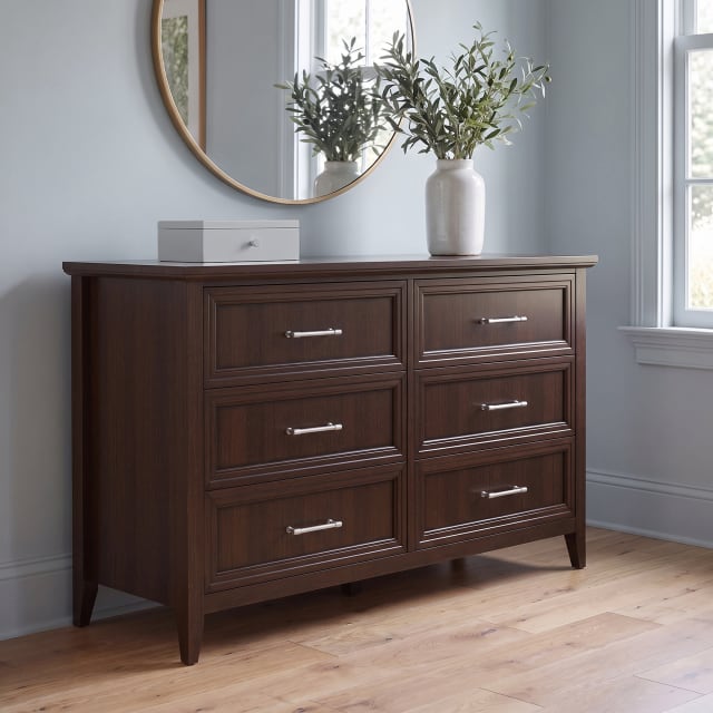 Bedford Shaker 6-Drawer Dresser with Premium Hardware and Solid Wood Frame, Walnut Woodgrain
