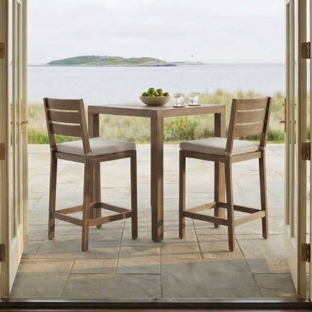 Bedford 3 Piece Aluminum Patio Set, 2 Bar Stools with Cream Cushions, 35.5" Square Patio Table, Brown Brushed Woodgrain Finish