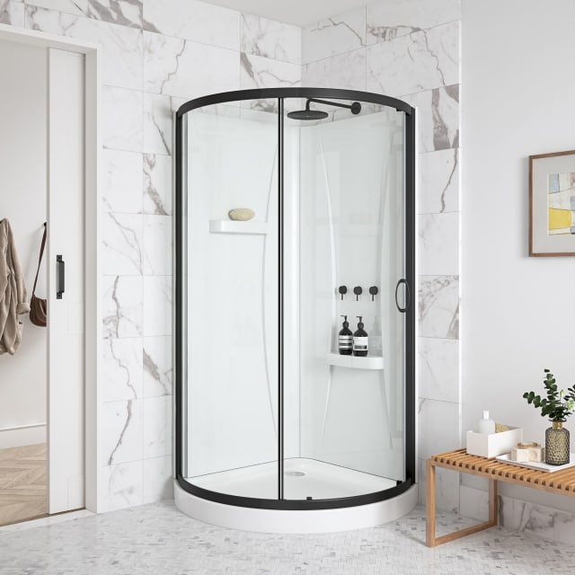 Breeze 33 in. L x 33 in. W x 77 in. H Round Corner Shower Kit Clear Sliding Door and Shower Base Pan (Walls Included)