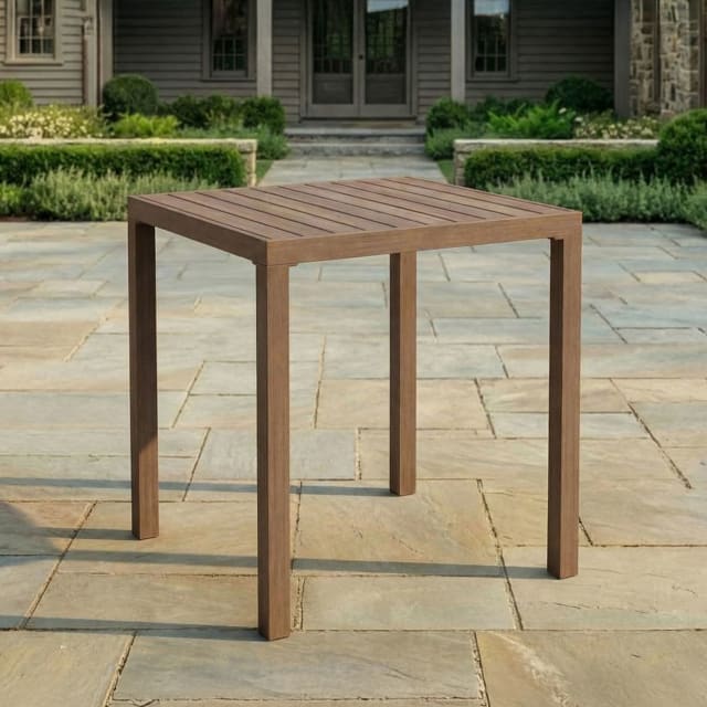 Bedford 35.5" Square Indoor-Outdoor Patio Bar Height Table with Brown Brushed Woodgrain Aluminum Finish