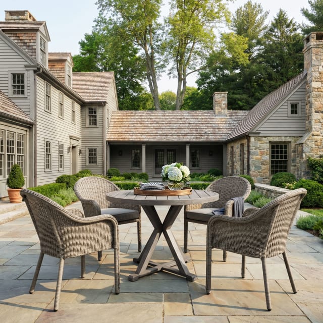 Bedford 5 Piece Patio Set, 4 Stacking Weathered Gray Rattan Wicker Chairs, Gray Cushions, 36" Round Gray Brushed Woodgrain Aluminum Trestle Base Table