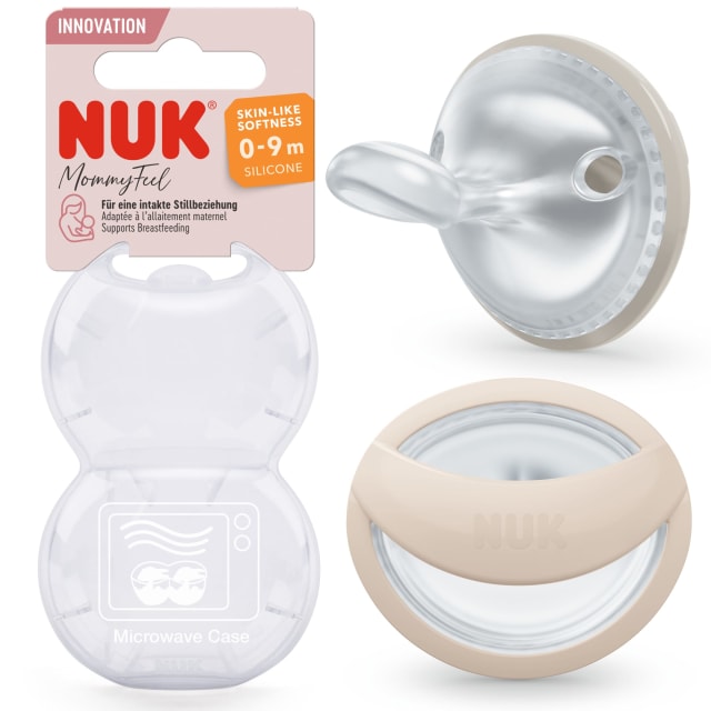 NUK MommyFeel Baby Dummy | 0-9 Months | Breastfeeding Friendly Soothers | BPA-Free Silicone | Greige & Sandstone | 2 Count