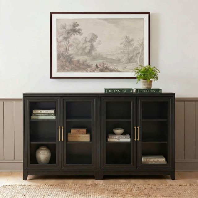 Bedford Fluted Set of 2 Modular Storage Cabinets, Glass Soft-Close Doors with Gold Hardware, Adjustable Shelf, Solid Wood Frames/Legs, Black