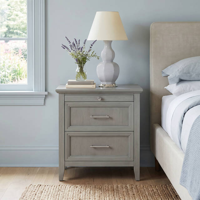 Bedford Shaker 2-Drawer Nightstand with Charging Station, Pull-out Shelf and Solid Wood Frame, Gray Woodgrain, Set of 2