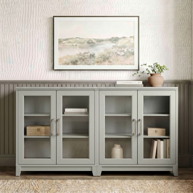Bedford Set of 2 Modular Shaker Storage Cabinets, Glass Soft-Close Doors, Brushed Stainless Hardware, Adj.Shelf, Solid Wood Frames/Legs, Bedford GY