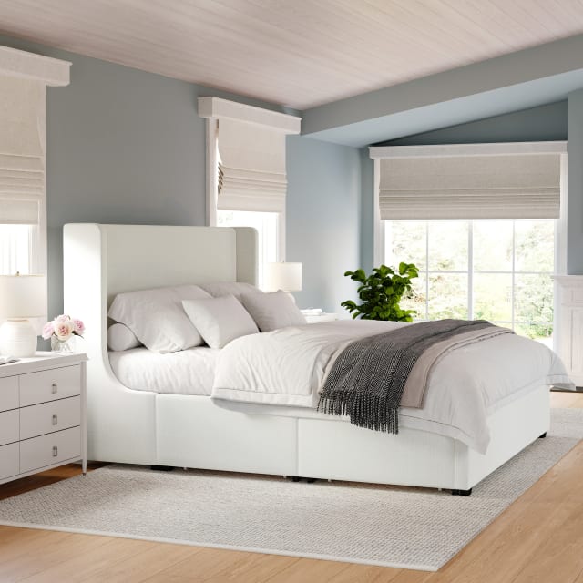 Kian King Upholstered Platform Bed with Wingback Headboard and 4 Side Storage Drawers, Wood Slat Foundation, No Box Spring Needed, Off-White