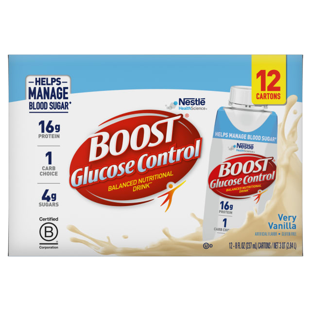 BOOST Glucose Control Nutritional Drink, Very Vanilla, 16g Protein, 12 - 8 fl oz Cartons