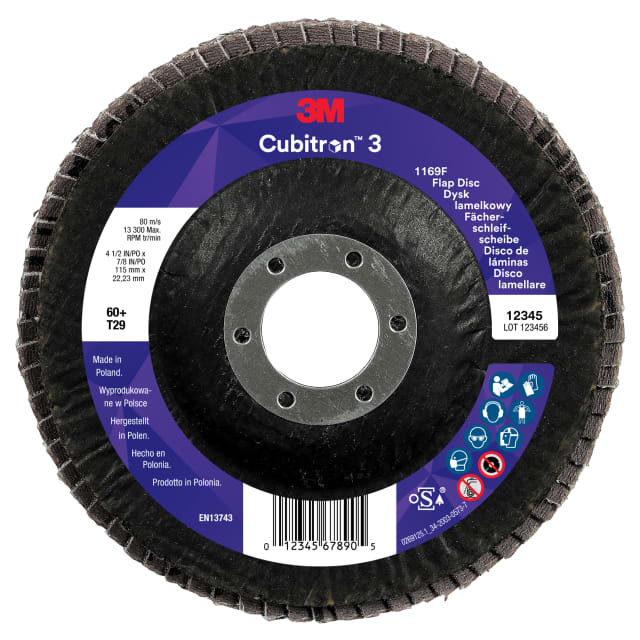 3M™ Cubitron™ 3 Fächerschleifscheibe 1169F, 60+, T29-Konisch, 115 mm x 22,23 mm, 10/Pack, 100 Stück/Packung