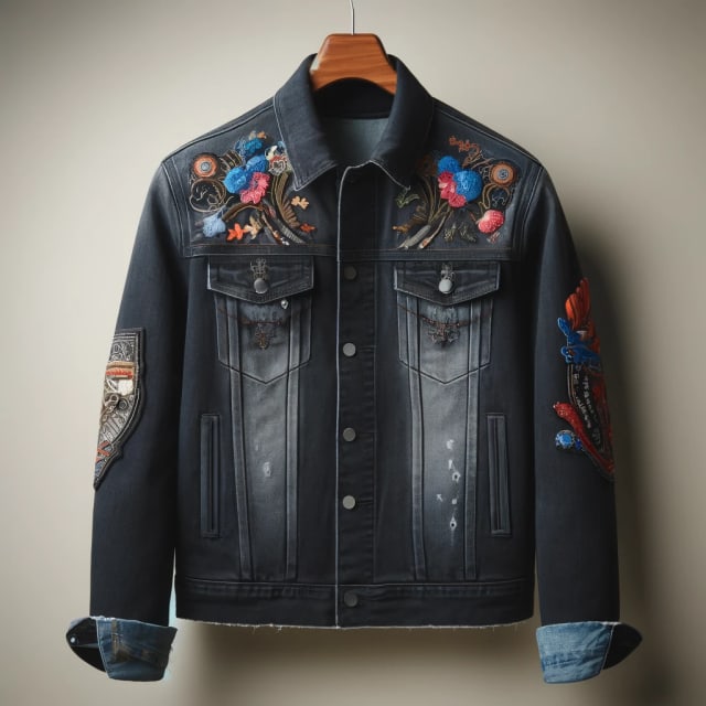 Stylish Denim Jacket with Unique Patches and Embroidery - Dark Stonewash