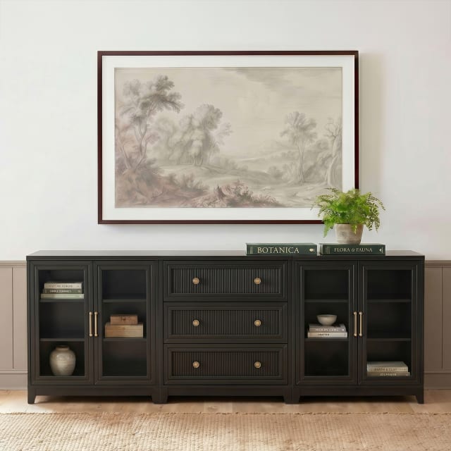Bedford Fluted 2-Piece Modular Cabinet and 3-Drawer Base Cabinet Set with Gold Hardware, Soft-Close Glass Doors, Black
