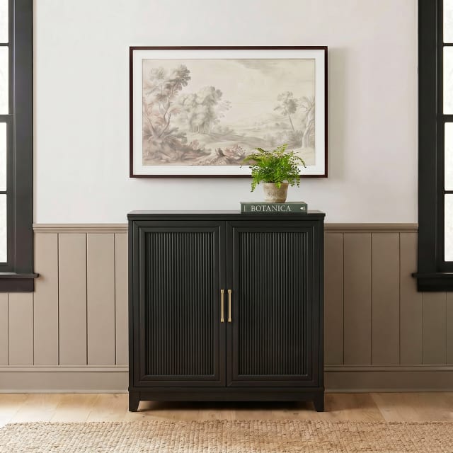 Bedford Fluted Modular Storage Cabinet with Adjustable Shelf, Soft-Close Doors with Gold Hardware, Solid Wood Frame and Legs, Black