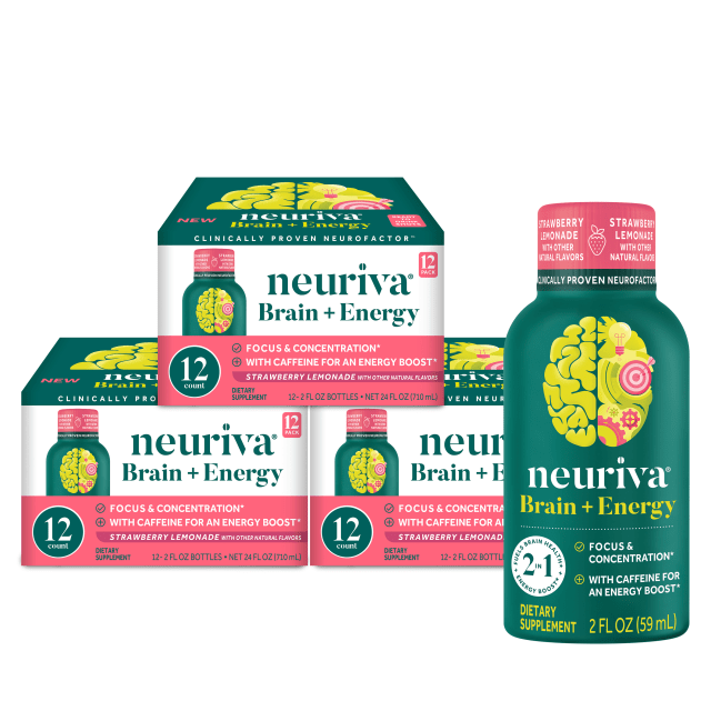 Neuriva Brain + Energy Shots, Nootropisches Gehirn-Supplement für Fokus & Konzentration mit Neurofactor, Vitamin B12 & 150 mg Koffein für einen Energieschub – (36 Stück), Erdbeer-Limonade