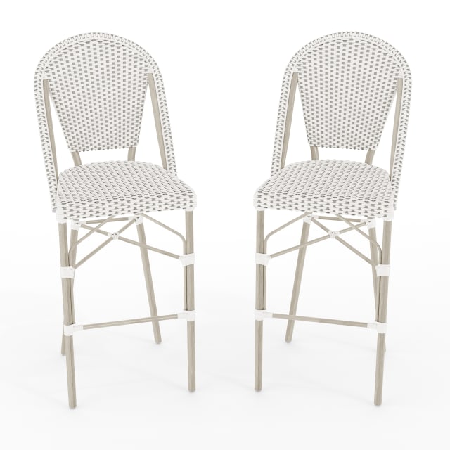 Lily Pond Set of 2 Indoor-Outdoor Stackable Bistro Bar Stools with Gray Woodgrain Aluminum Finish Frames, White/Gray Woven Rattan Backs/Seats