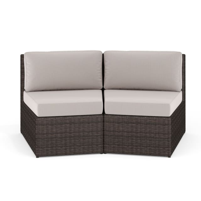 Bedford Set of 2 Indoor-Outdoor Modular Patio Curved Sectional Sofa Seats in Brown Rattan Wicker with Tan All-Weather Cushions